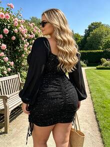 Joyfunear Gaun Bodycon Seksi Berpayet untuk Wanita Ukuran Plus - Hitam - View 6