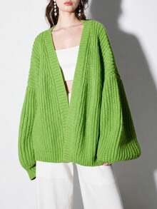 Women's Autumn/Winter Casual Minimalist Solid Color Loose V-Neck Cardigan Jacket - Green - View 4