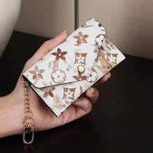 1pc Watercolor Floral Print With Metal Chain Decoration PU Leather Multi-Slot Card Holder Snap Closure Fresh Artistic Style Card Wallet - Multicolor - View 12