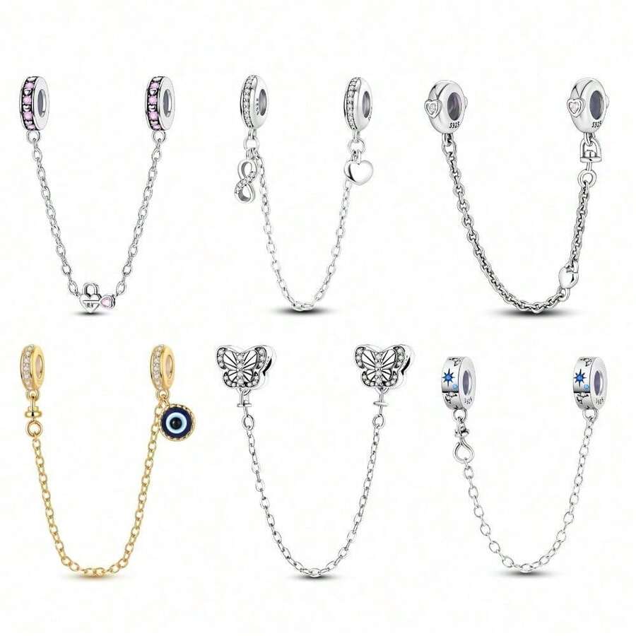 1pc Silver-Plated Bracelet Safety Chain, Original Heart Lock, Butterfly, Evil Eye Multiple Rhinestone Designs, Fine Chain Anti-Drop Protection Beaded, Gold And Silver Dual Color Options, Versatile Accessories, Suitable For Handmade DIY Bracelet Making, Delicate And Durable For Daily Wear - Multicolor - View 1