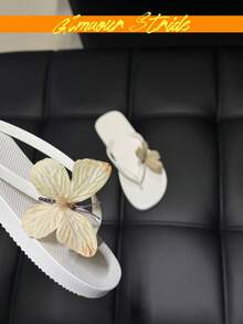 女款蝴蝶裝飾夾腳拖鞋，休閒白色厚底夾腳涼鞋，夏季海灘室內/室外防滑平底拖鞋 - 白色 - 查看 6