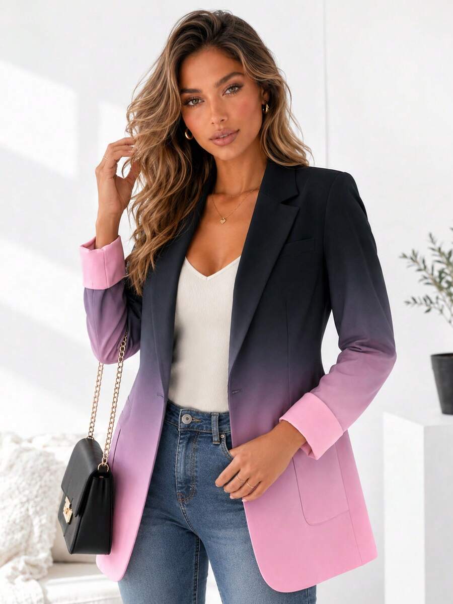 ChicMe Ombre Print Long Sleeve Blazer Jacket With Pockets, Slim Fit, Fashionable For Office Wear Elegant - Multicolor - View 1
