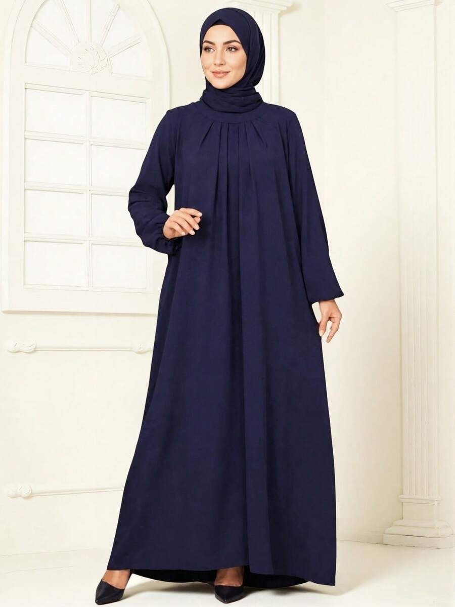 Women's Solid Color Minimalist Conservative Round Neck Long Loose Robe, Elegant And Graceful