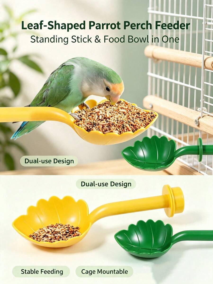 Multifunctional Leaf Parrot Perch Feeding Tray, Bird Cage Accessory Stand‑Stick For Budgie Cockatiel Lovebird - one-size - View 1