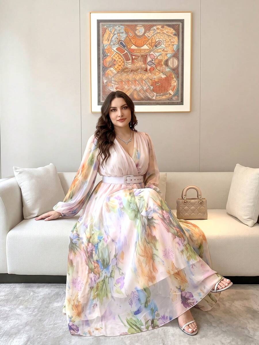 Plus Size Women's New Elegant Romantic Floral Patchwork Design Swing Dress Vacation - Apricot - View 1