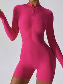 Solid Color Long Sleeve Fitted Athletic Romper - Hot Pink - View 4