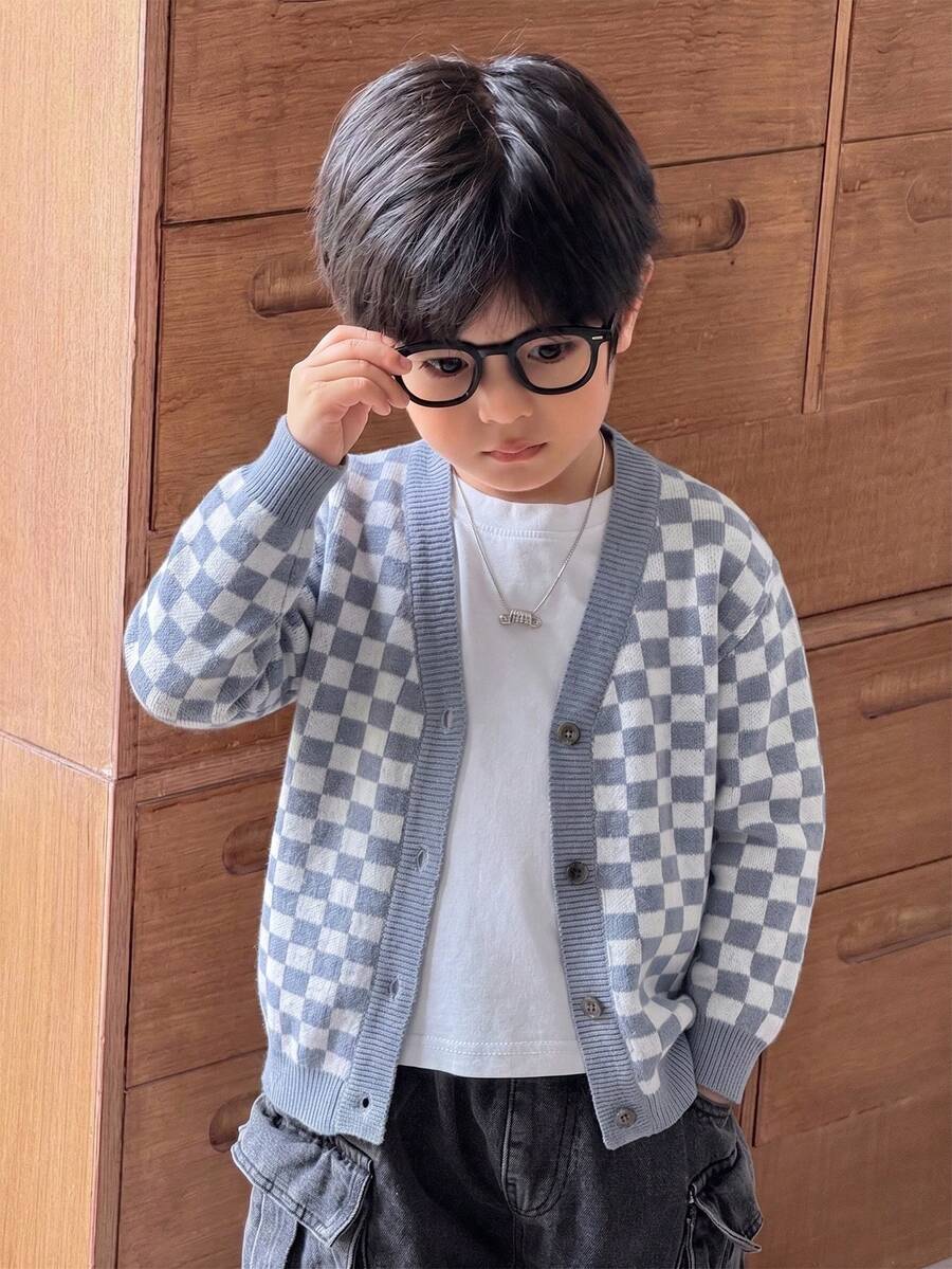 Boys' Vintage Plaid Long Sleeve Knit Cardigan, Loose Fit Versatile Outer Layer Sweater Top - Grey - View 1