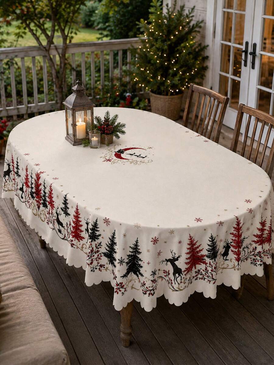 1pc Cream Winter Forest Tablecloth, Minimalist Polyester Rectangular Tablecloth With Reindeer Silhouette, Snowflake, Tree And Moon Pattern, Suitable For Kitchen Decor, Home Decor, Room Decor, Christmas Home Decor And Classroom Decor - Multicolor - View 1