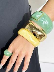 4Pcs Fresh Green & Yellow Color Block Resin Bracelet & Ring Set, Paired With Asymmetrical Wide Metal Women's Bracelet, Y2K Daily Commute Date Decorative Jewelry - Multicolor - View 3