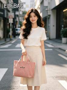 Casual Minimalist Letter Canvas Tote Bag, Striped Solid Color Handbag, High Cost-Effective Fashion Versatile Tote Bag Suitable For Moms, Students, Office Workers - Red - View 7