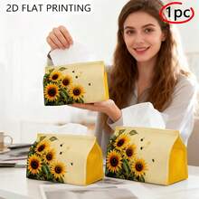 1pc Tissue Box Holder, Country Impressionist Plant Style - Sunflower Bee Yellow Texture, Durable Polyester Material, Multi-Functional Napkin Dispenser, Suitable For Home, Vehicle And Event Decoration, Tissue Box Holder, Napkin Box, Tissue Box Cover - A - View 1