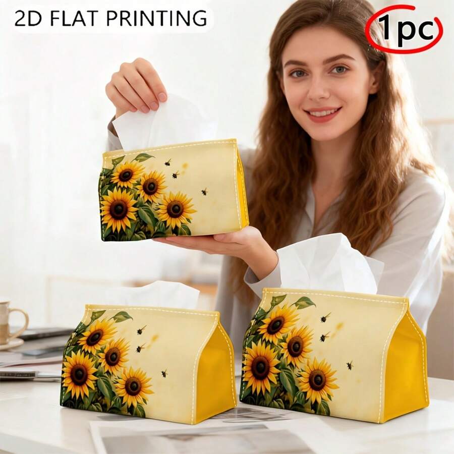 1pc Tissue Box Holder, Country Impressionist Plant Style - Sunflower Bee Yellow Texture, Durable Polyester Material, Multi-Functional Napkin Dispenser, Suitable For Home, Vehicle And Event Decoration, Tissue Box Holder, Napkin Box, Tissue Box Cover - A - View 1