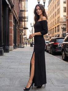 Gaun Malam Panjang Model A-Line Elegan untuk Wanita, Tanpa Bahu, Belahan Tinggi, Cocok untuk Tamu Pernikahan, Kencan, dan Acara Lainnya - Hitam - View 3