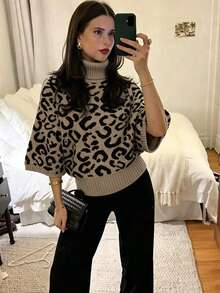 Women's Casual Autumn/Winter Colorblock Leopard Jacquard High Neck Sweater, Raglan Sleeve Knit Top, Waist-Flattering Textured Design - Multicolor - View 1