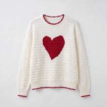 Plus Size Women's Cute Cable Knit Heart Sweater, Drop Shoulder Long Sleeve Crew Neck Knit Top, Soft Slim Fit Pullover - White - View 9