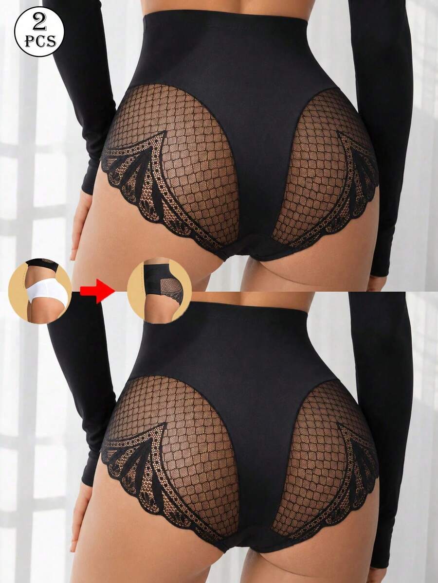 2pcs/Pack Women's Lace Seamless Tummy Control Shaping Panties, Waist-Cinched Butt-Lifting Underwear, Suitable For Various Occasions - Multicolor - View 1