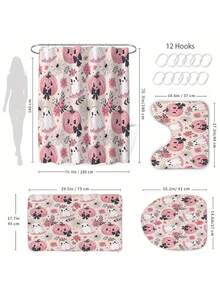 1/4pcs Halloween Pink Cute Ghost Pumpkin Shower Curtain Set, With 12 Hooks Waterproof Polyester Shower Curtain, Bathroom Curtain, Privacy, Thickened, Durable Quick Dry, 180*180cm Size, Halloween Thanksgiving Autumn Harvest Bathroom Decor - A - View 4