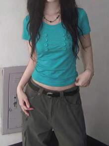 Korean Style Embroidered Napoleon Button Square Shoulder Short Sleeve T-Shirt, Casual Summer Style - Mint Blue - View 4