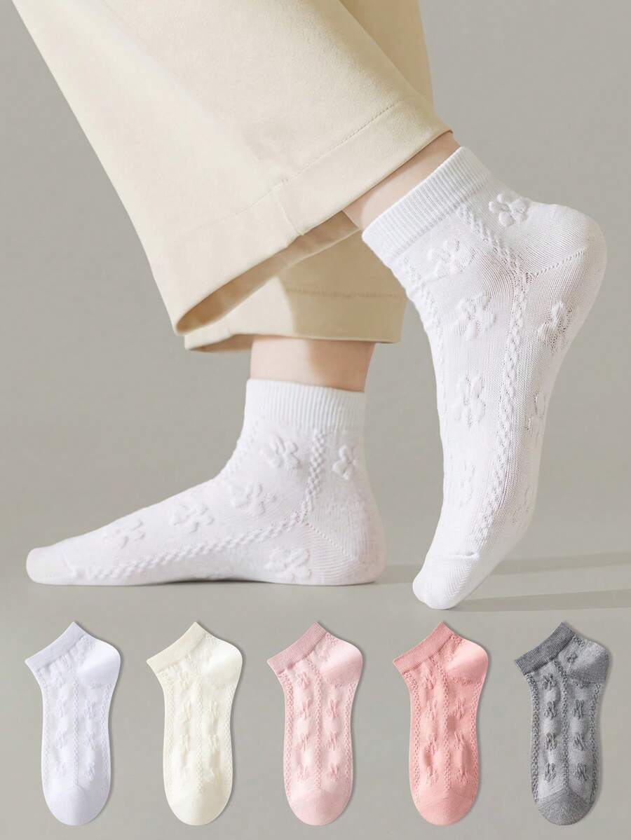 ZUJO 5 Pairs Women's Mesh Lace Trim Cable Knit Short Socks, Simple & Comfortable, Suitable For Spring, Summer And Autumn - Multicolor - View 1