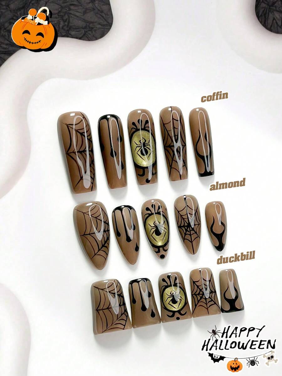 10片裝萬聖節主題暗黑哥德風手工穿戴甲,Polygel美甲套組,蜘蛛網蜘蛛圖案,黑色指甲油,時尚風格,含美甲工具,3種尺寸可選,杏仁/鴨嘴/棺材形,適合派對、跳舞、日常佩戴 - 彩色 - 查看 1