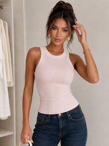 ChicMe Sleeveless Ribbed Knit Tank Top, Fitted Style, Basic Casual Everyday Wear For Women Elegant Pink Summer - Pink - View 6