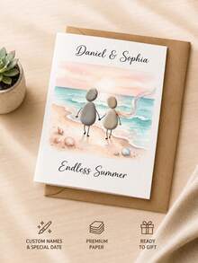 Custom Beach Pebble Couple Card, Personalized Names & Text Greeting Card, Unique Keepsake Card For Anniversary, Wedding, Valentine's Day, Romantic Gift For Partner, Sweet Seaside Art Card To Cherish Special Relationship Memories - Multicolor - View 7