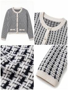 Women's Houndstooth Knit Cardigan Sweater, Crew Neck Pearl Button Contrast Trim Long Sleeve Outerwear, Elegant Commuter Casual Coat For Fall Winter - Multicolor - View 7