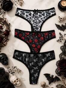 3 Packs Goth Women Panties, Snake Floral Red Rose Skull‑Butterfly Print Lace Trim Mid‑Waist Underwear Set - Multicolor - View 1