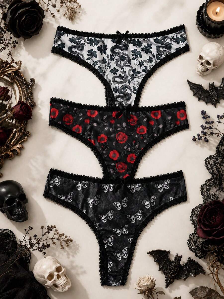 3 Packs Goth Women Panties, Snake Floral Red Rose Skull‑Butterfly Print Lace Trim Mid‑Waist Underwear Set - Multicolor - View 1