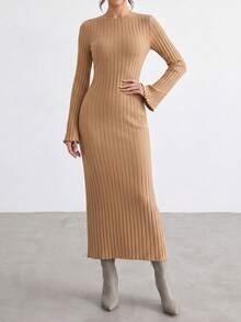 QUNGIGU Women Elegant Vertical Ribbed Knit Long Dress Crew Neck Bell Sleeve Clothes For Daily Casual Going Out Dating - Brown - View 5