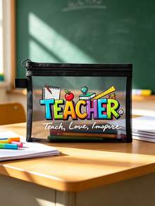網格拉鍊收納袋，印有「Teach Love Inspire」字母圖案，教師收納袋，大容量便攜多功能收納盒，鉛筆盒與化妝品收納盒，教師感謝禮物，教育工作者感謝禮物，學校辦公旅行假期生日禮物 - 彩色 - 查看 7