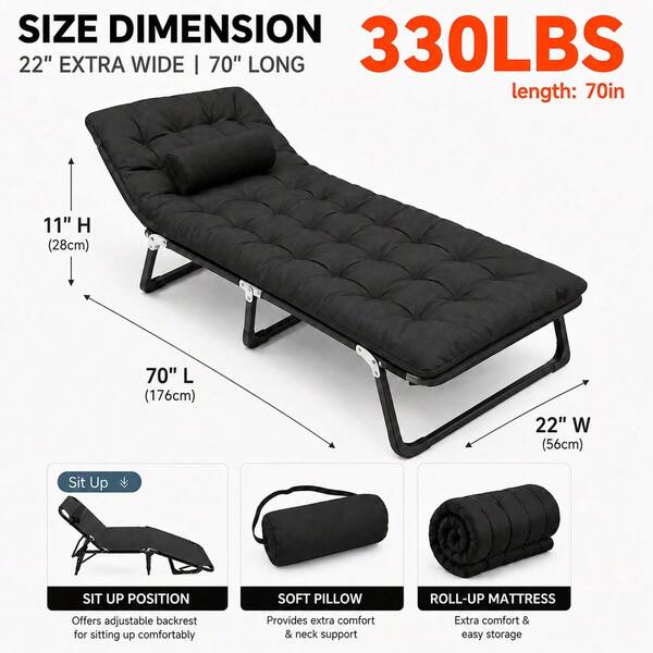 UPWELL Outdoor Foldable Bed, Camping Bed, Foldable Portable Camping Bed, Outdoor Lounge Chair, Guest Bed, Suitable For Outdoor Sunbathing, Terrace, Swimming Pool, Lawn, Garden Or Poolside, Can Support Up To 330/440/550 Pounds, For Outdoor Use Only