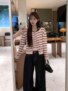 Pink Striped Knit Cardigan 2-Piece Set Women's Korean Style Autumn Vibe Outfit Long Sleeve Top (Random Stripes) - Pink - View 3