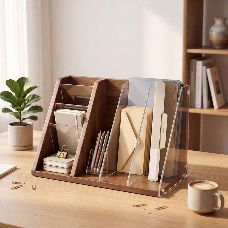 1pc Wooden Acrylic File Organizer, Desktop Vertical Document Holder, Suitable For Office And Home Study To Store Notes And Bills, Office File Classification Rack, Desktop Stationery Organizer, Multi-Compartment Folder Storage Rack - Multicolor - View 1