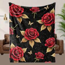 Red Rose Floral Fleece Throw Retro 70s Groovy Designer Fleece Blanket – Soft Thermal Insulated Design - Multicolor - View 4