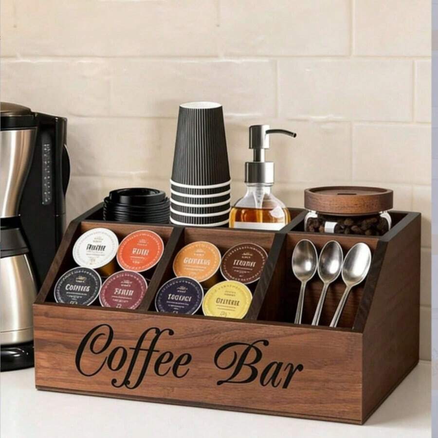 1pc 5-Compartment Wooden Coffee Bar Organizer, Vintage Country Style Countertop Storage Box, Suitable For Coffee Capsules, Coffee Cups, Spoons And Accessories, Farmhouse Style Kitchen Coffee Station Decor - Multicolor - View 1