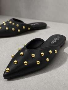 Women's Pointed Toe Mule Slippers, Gold Stud Decor Backless Flat Slip-On Comfortable Shoes For Daily Wear And Party - Black - View 3
