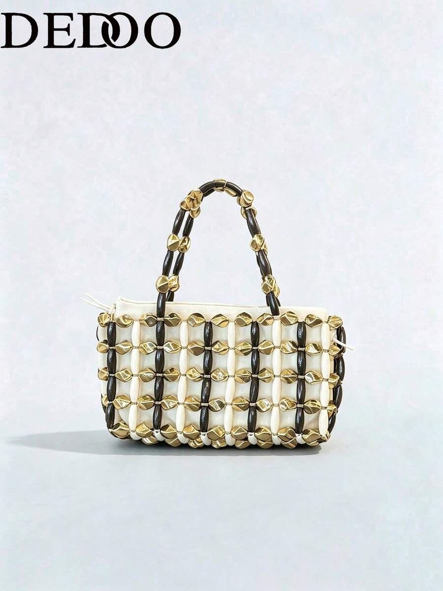 Dedoo Women Evening Hand Tote Bag, Small Rectangular Beaded Handbag, Drawstring Closure, Retro Elegant Style, For Wedding Dating Daily Party Ladies - Gold - View 1