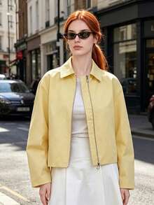 Women's Zipper Jacket, Loose Long Sleeve, Casual New Style 2024 Fashion Women's Flight Jacket, Short Jacket Yellow - Yellow - View 3