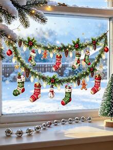 1pc New Christmas Theme Window Sticker, Pattern Includes Christmas Socks, Pine Branches, Red Berries And Stars, Exquisite Pattern Self-Adhesive Decorative Sticker, Suitable For Store Windows And Indoor Glass Smooth Surfaces, Merry Christmas - Multi-color - View 4