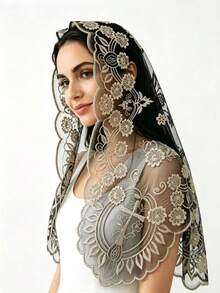 1pc Paisley Pattern Bohemian Polyester Black Apricot Lace Embroidered Triangle Veil Bridal Headscarf All Seasons - Black Apricot - View 1