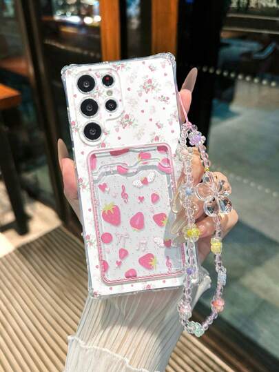 Exclusive For Android Strawberry Painted Transparent Four-Corner Card Holder Multi-Function Card Wallet With Wrist Strap Thick Anti-Drop Phone Protective Case Compatible With Galaxy S25/S25PLUS/S25 Ultra/A16/A36/A26/A56/A50/A12/A32/A52/A72/A51/A21S/A13/A14/S24/S24PLUS/S24Ultra/S20/S23/S22/A53/S20FE/S21/,Compatible With Xiaomi 11/12Pro/12/12X/13Pro/14Pro/15Pro/X3pro/ Compatible With Redmi 10/9/Note9/12c/Note11pro/Note8Pro/9C/9a/Anti-Drop Phone Protective Case/Phone Shell/Protective Cover