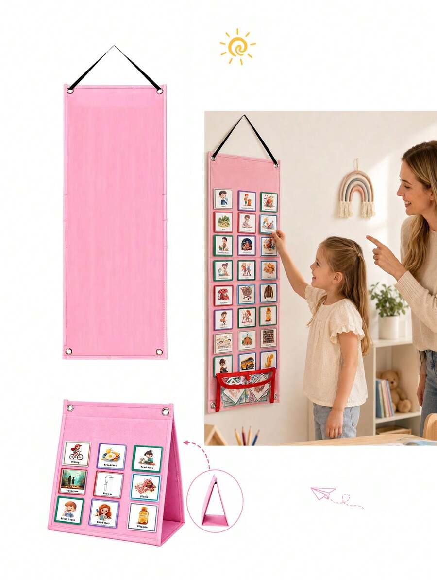 Pink Felt Visual Schedule Board Set, Dual-Use Felt Board (Wall-Mounted Or Freestanding), Suitable For Daily Activity Charts, Perfect Choice For Christmas Gifts And Party Favors - Pink - View 1