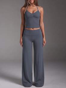 Women's 2pcs Spaghetti Strap Sports Set, Ruched Sleeveless Tank Top + High Waist Wide Leg Flare Pants, Elastic Tummy Control Yoga Outfit - Grey - View 1