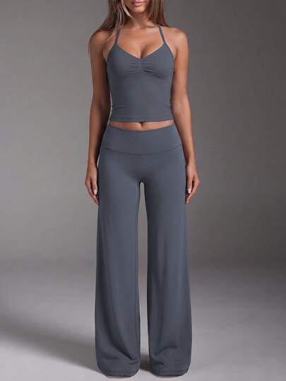 Women's 2pcs Spaghetti Strap Sports Set, Ruched Sleeveless Tank Top + High Waist Wide Leg Flare Pants, Elastic Tummy Control Yoga Outfit