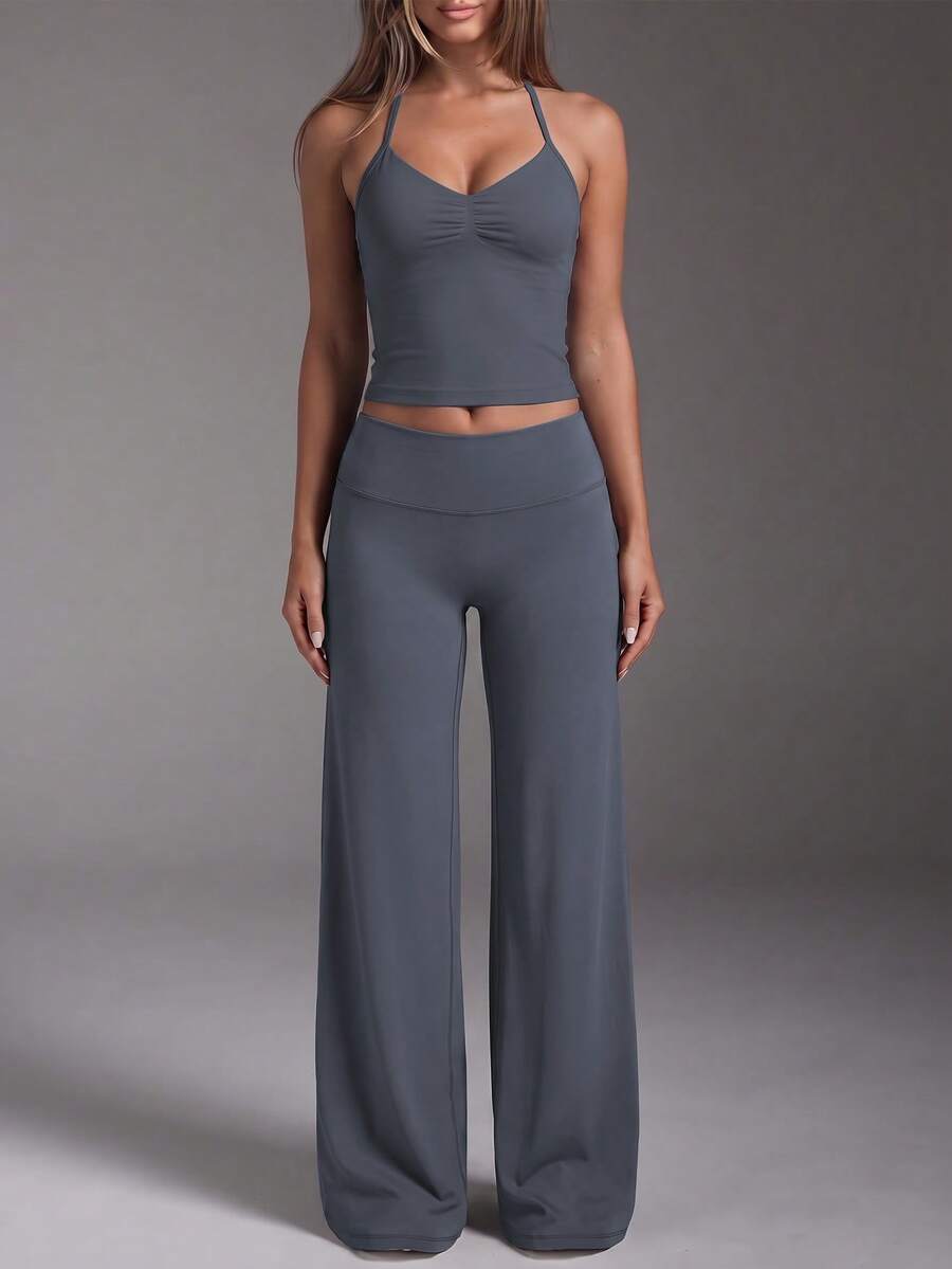 Women's 2pcs Spaghetti Strap Sports Set, Ruched Sleeveless Tank Top + High Waist Wide Leg Flare Pants, Elastic Tummy Control Yoga Outfit - Grey - View 1