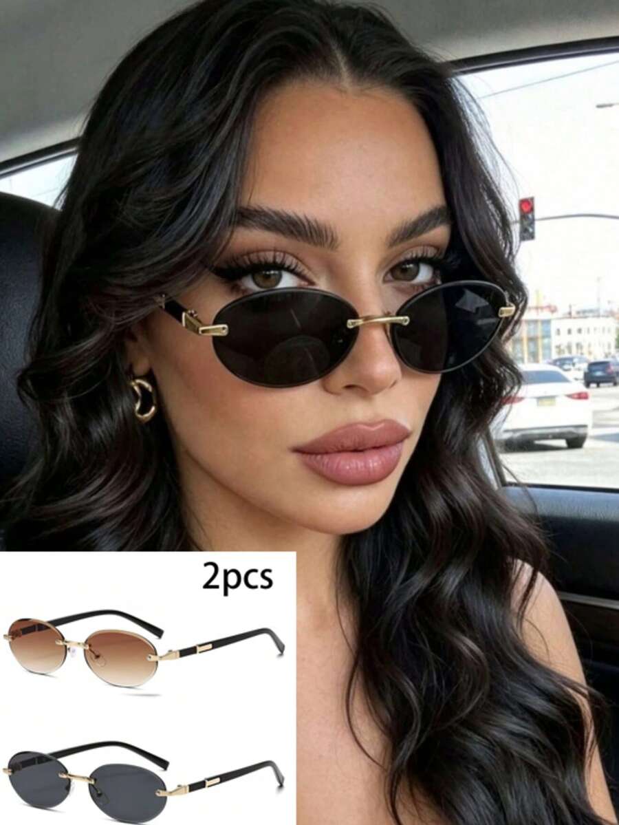 2pcs Summer Women's Fashion Eyewear Set, Classic Oval Rimless Decorative Glasses, Unisex Street Style, Photo Shoot, Daily Commute - 2pcs Frameless Oval Gray Tea - View 1