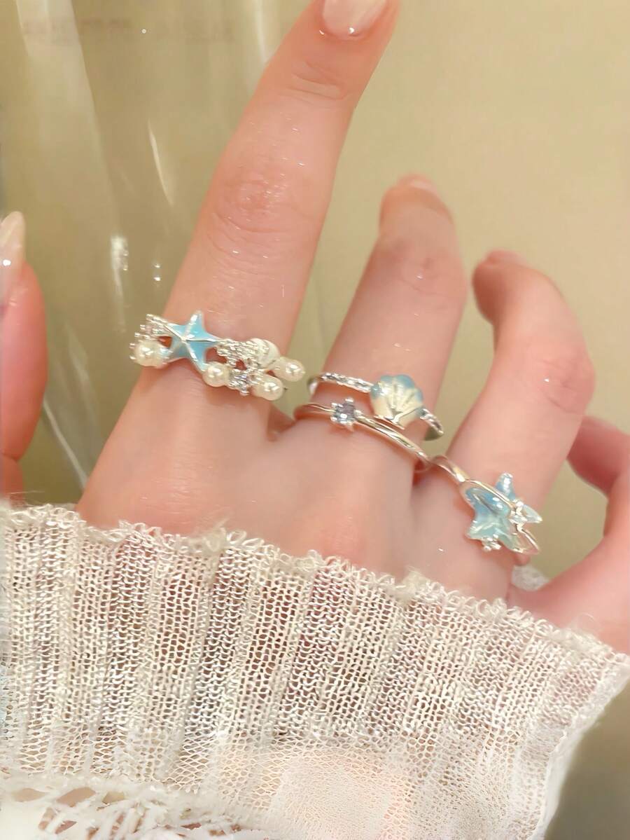 Bộ 3 nhẫn ngón tay xếp chồng hở điều chỉnh được phong cách biển tươi mới, màu xanh đại dương, hình sao biển và vỏ ngọc trai - Nhiều màu - Xem 1