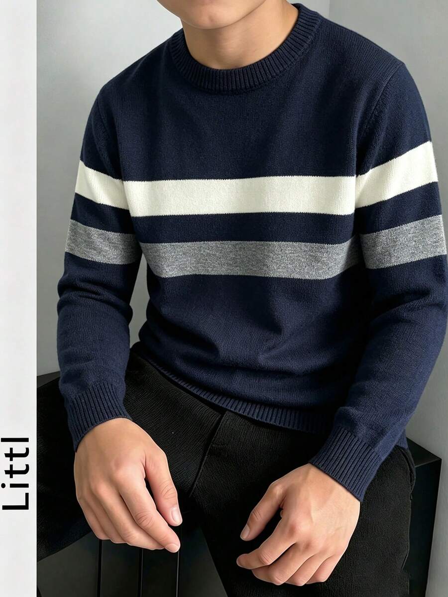 Boys' Colorblock Striped Crew Neck Knit Sweater, Casual Long Sleeve Knit Pullover, Warm Autumn/Winter Top - Navy Blue - View 1