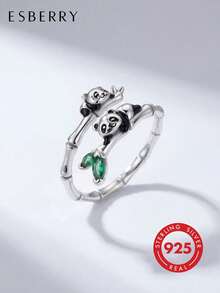 1pc 925 Sterling Silver Panda Holding Bamboo Open Ring, Exquisite Women's Jewelry, Suitable As Birthday Gift, Daily Wear Or Gift - Panda Hugging Bamboo Ring - View 1
